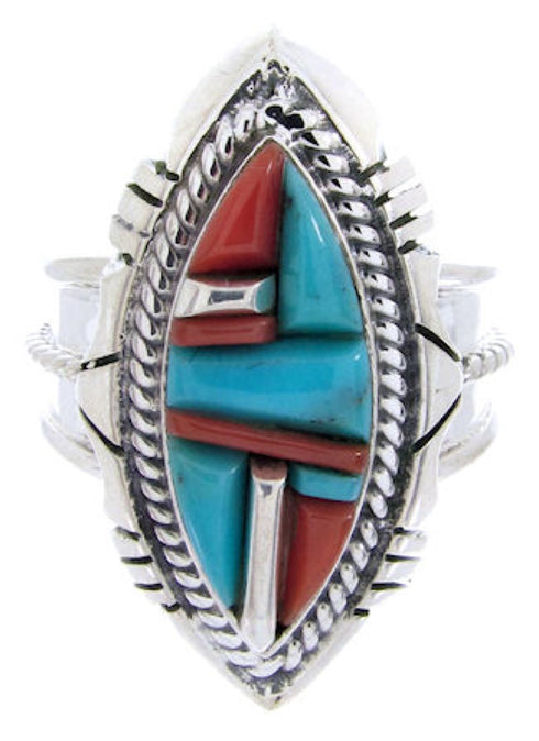 Southwest Turquoise Coral Inlay Jewelry Ring Size 4-3/4 BW67011